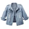 Talakeno Women's Jean Jacket - Autumn 3/4 Sleeve, Retro Ripped, Turn-Down Lapel, Fitted, Button-Front, Plain Wash Light Blue Casual Outerwear for Party