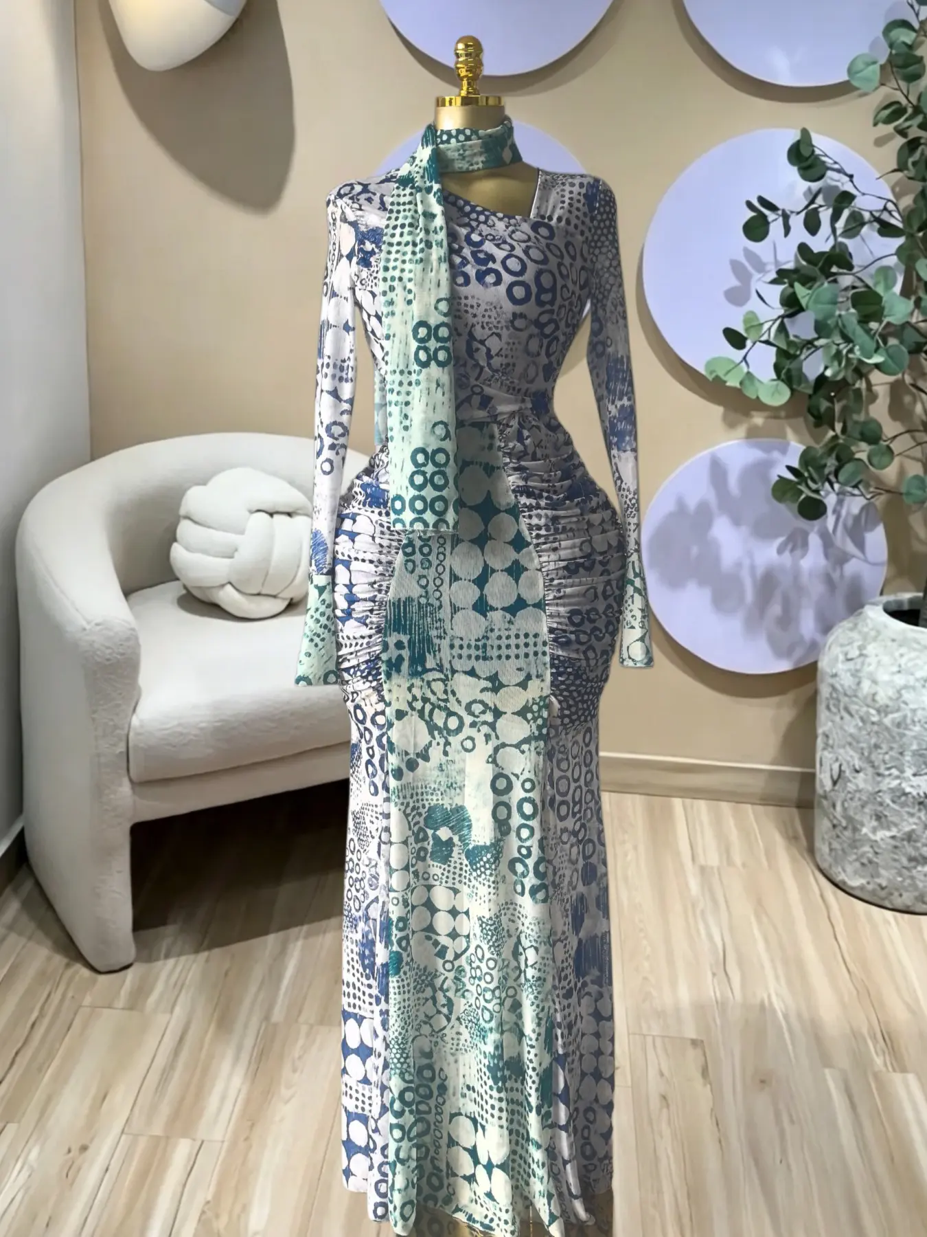 PULKRITU Elegant Women's Asymmetrical Flared Long Sleeve Ruched Prom Dress, Casual Slim-Fit All-Over Print, Vacation Beach Birthday Party Outfit Dress, Graduation Dress, Holiday Evening Dress, Evening Event Clothing