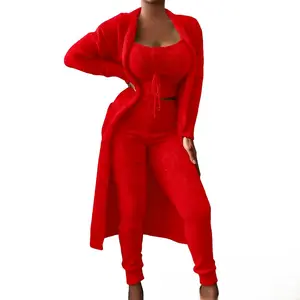 Women's Plush Three-piece Set Lace-up Pajama Set Casual Long Sleeve Solid Color 2025 Light Sophisticated Sweet Fresh Red Trousers in Various Colors