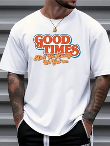 Men'S Graphic Tee, Good Times T Shirt For Men, Super Soft & Breathable, Relaxed Fit Crew Neck Short Sleeve, Bold "good Times" Print In Orange & Blue, Casual Attire For Weekend, All-season Comfort, Machine Washable, Perfect For Adult Men'S Leisure Outfits.