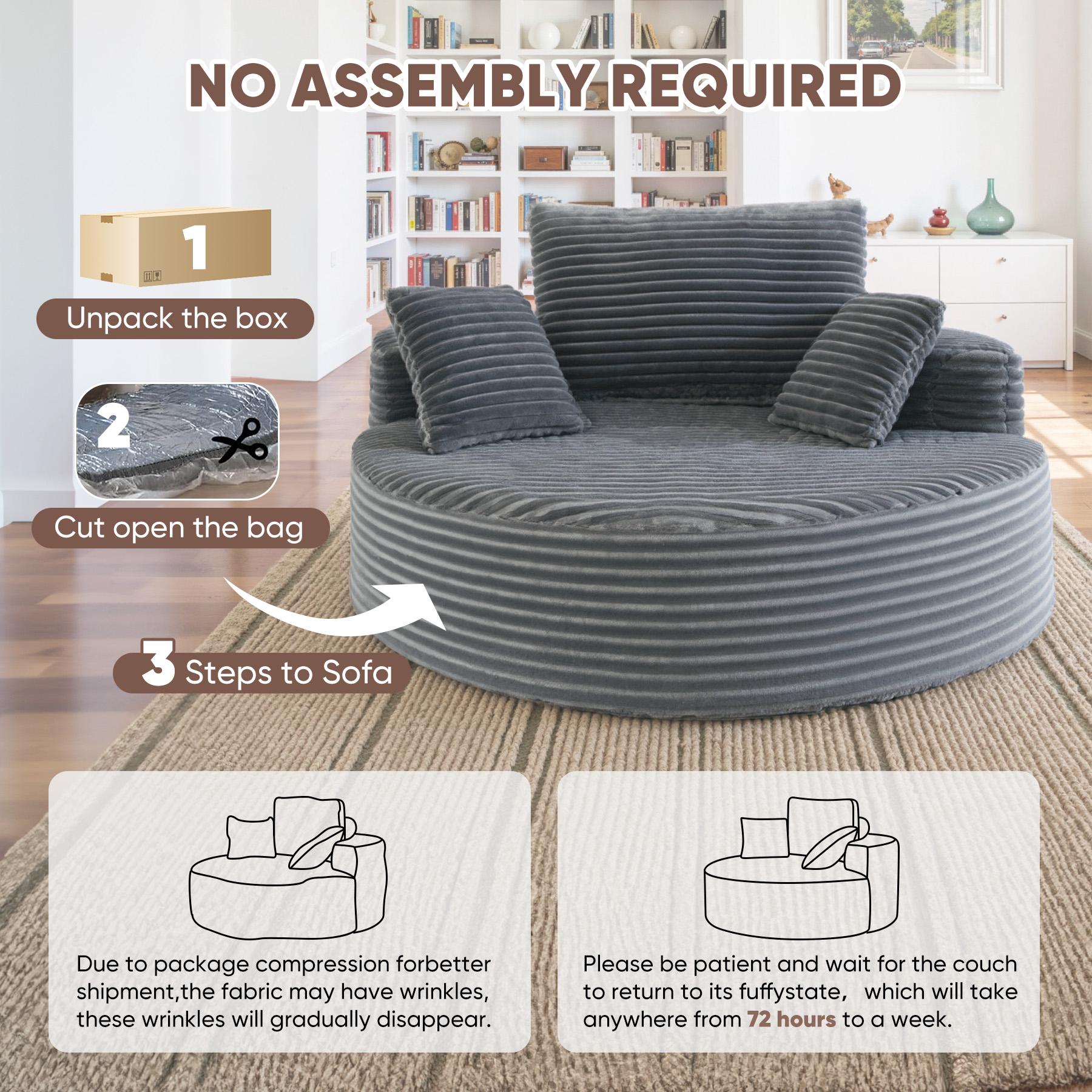 Oversized Round Sofa Bed - Fluffy Lazy Bean Bag, Modern Deep Seat Couch for Relaxation, Plush Corduroy Fabric, 3 Pillows Included, No Assembly Required