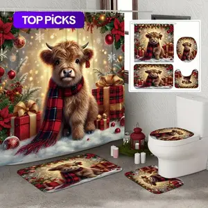 Christmas Winter Highland Cow Gift Cute Funny Red Glod Shower Curtain Set with Shower Curtain and Rugs Polyester Decoration Machine Washable for Xmas Bathroom or Shower Decor with 12 Hooks Non-slip Ba Bathroom Decoration Accessories