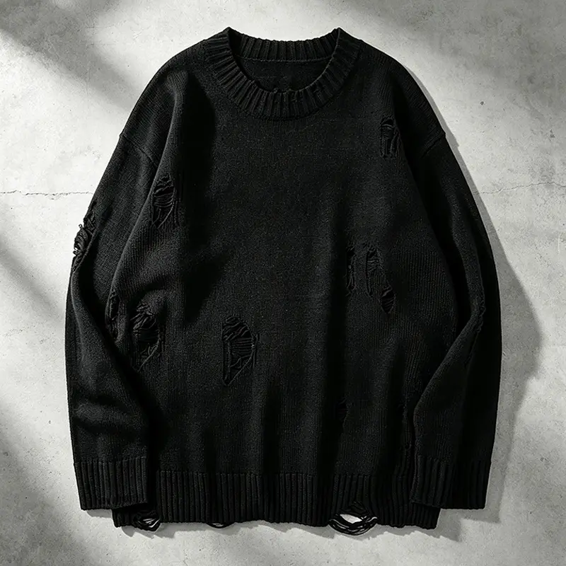 Mens Black Long Sleeve Plain Crewneck Knit Sweater - Menswear, Vintage Laid-Back Style, Distressed Texture, Stylish Casual Wear for Outings, Ideal for Styling & Photo Shoots, Knitwear