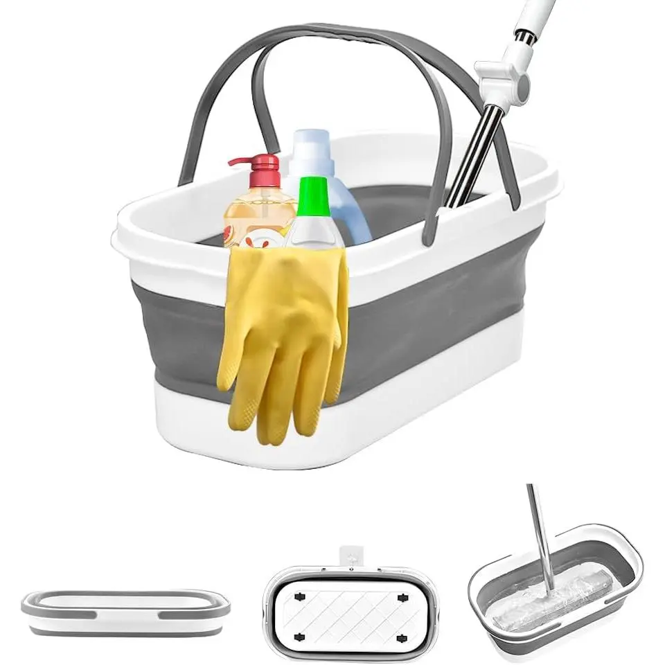 Collapsible Mop Bucket Basin Tub with Handle and Wheels, 12L (3.2 Gallon) Foldable Small Plastic Container for Household Cleaning,  Washing, Portable Basket Bin Tool for Storage Organizer, Grey