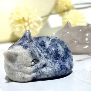 IG Crystal 3 Counts Sleeping Cat Crystal Clear Quartz Rose Quartz Blue Aventurine Healing Crystal Home Decoration