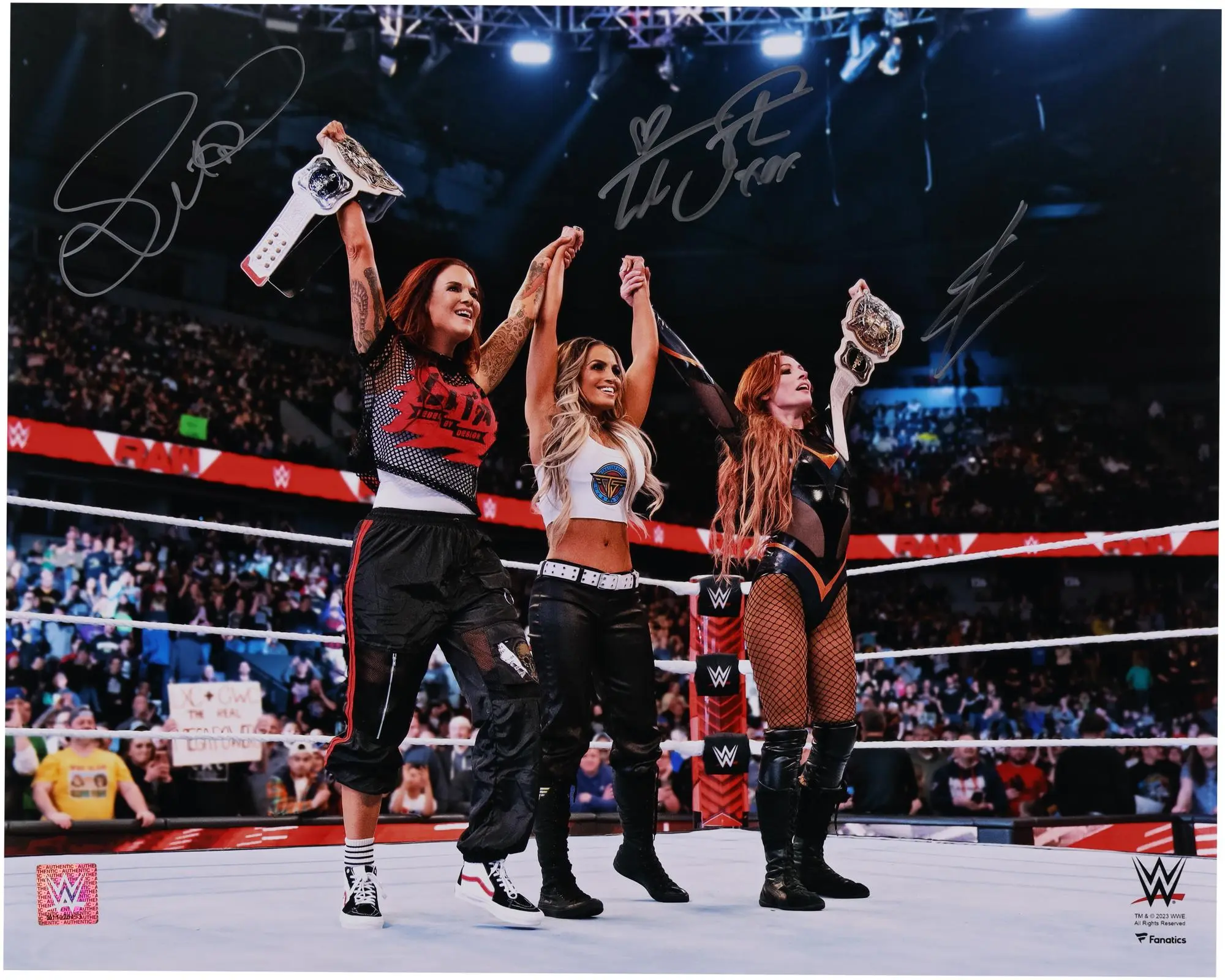 Trish Stratus, Becky Lynch, and Lita WWE Autographed 16" x 20" In Ring Arms Up Photograph - Fanatics Authentic Certified
