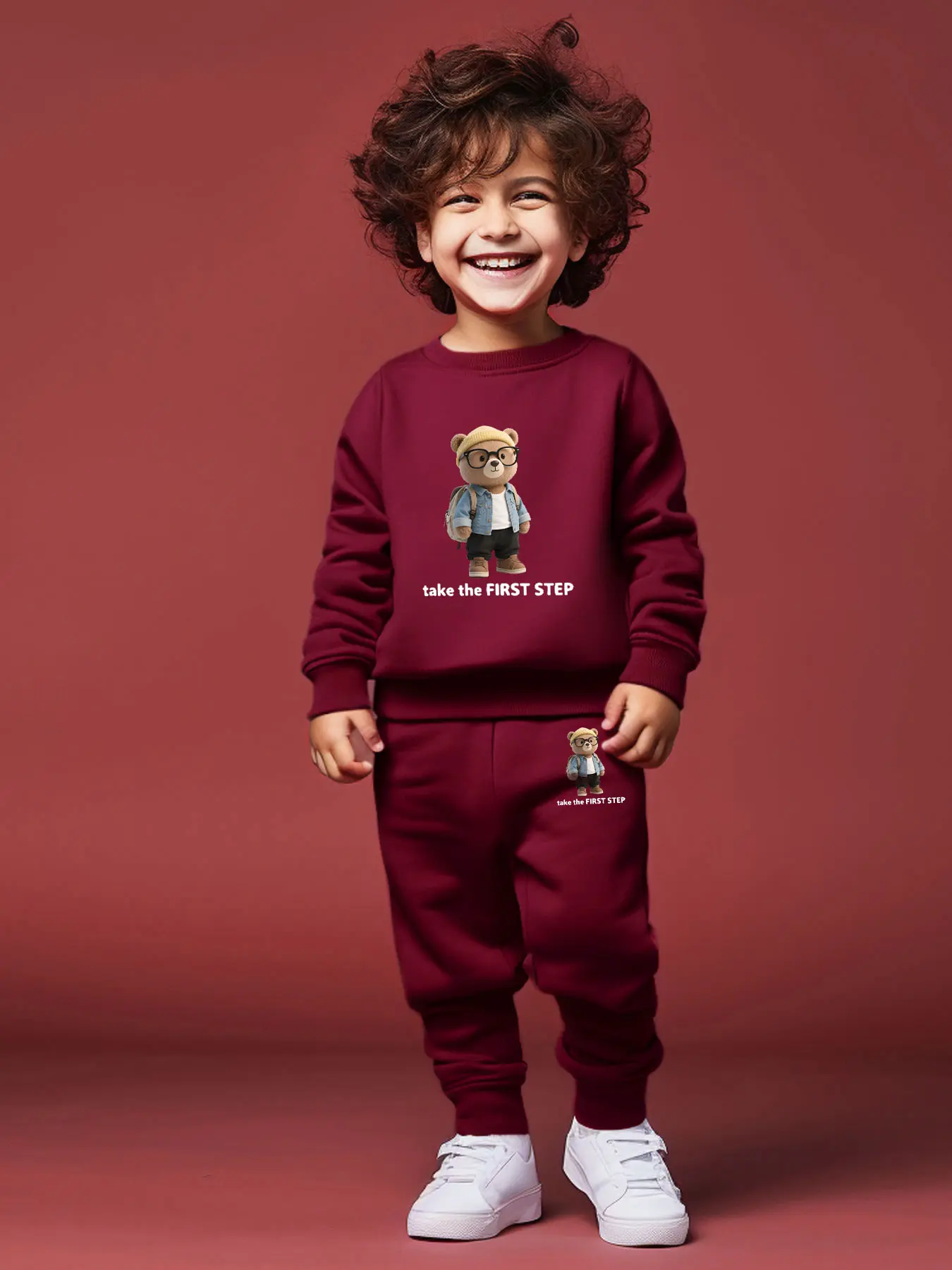 Boys' Round Neck Fashion Cartoon Heart Letter Print Long Pants Set, Matching Outfit Set, Clothes Kids, Trendy for Kids, Comfortable and Versatile Everyday Wear, Graphic Print Set