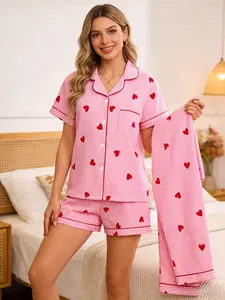 Aesthetic 3 Piece Pink Stripe Red Heart Pajama Set Women, Short Sleeve, Shorts & Long Pants, All Year Round Wearable, Heart Print, Button Down Collared Top, Relaxed Fit Loungewear