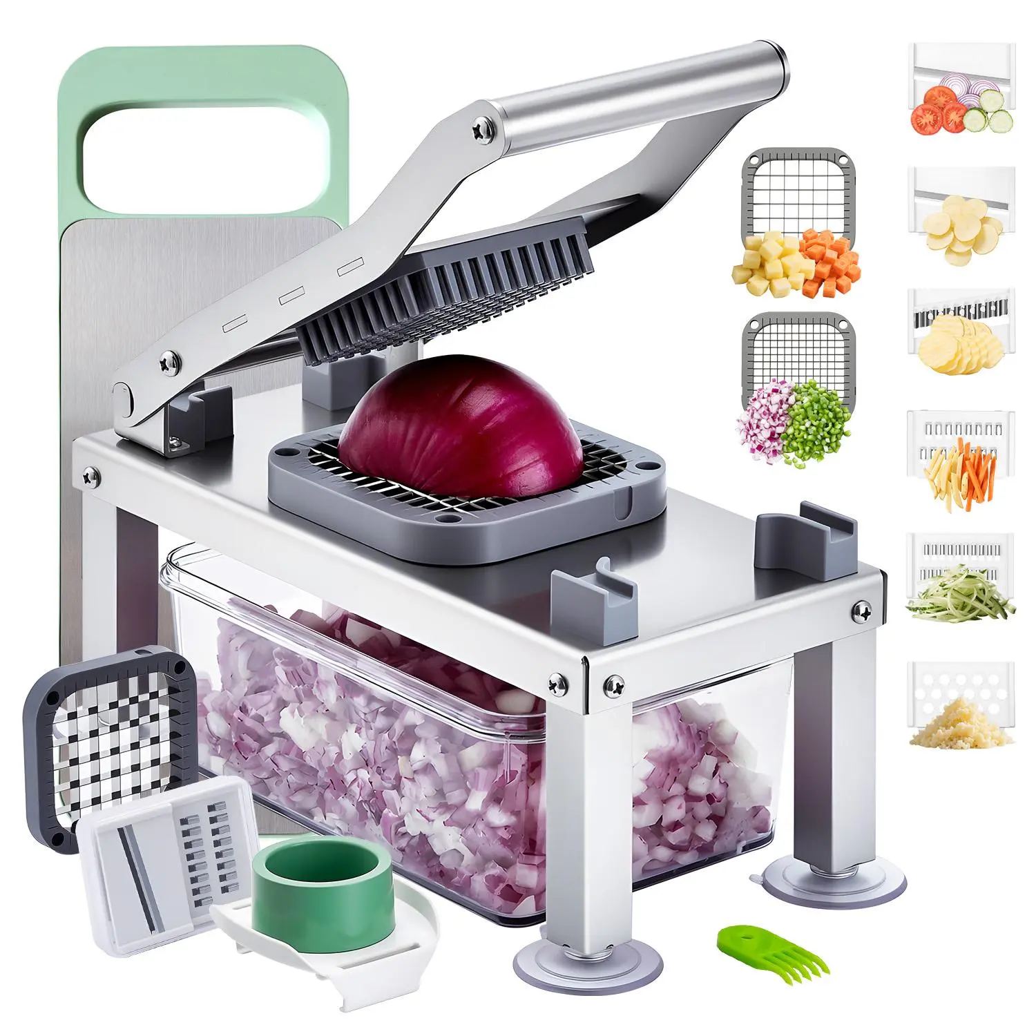 VEVOR Durable All-in-1 Fruit Vegetable Slicer Chopper, 8 Stainless Steel Blades Kitchen Shredder, Cheese Grater, Onion Potato Dicer with Container, Effortless Chopping Food Prep Kitchen Utensil for Stews