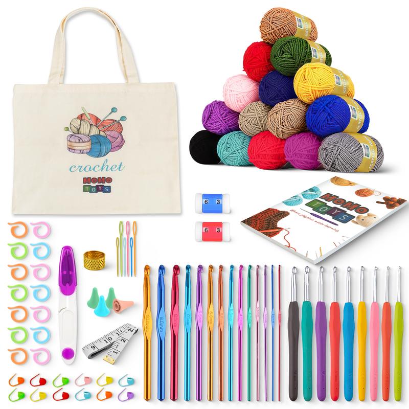 MOMOTOYS Beginner Crochet Kit w/ 130 Page Book, Crochet Yarn Set, Crochet Hook Kit & Crochet Needle Kit - Crocheting Kits for Beginners, Adults & Kids