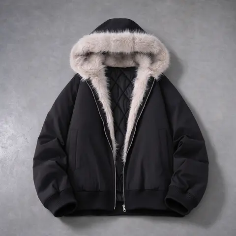Men's Hooded Jacket with Large Faux Fur Collar, Quilted Padded Lining Thick Warm Coat, Double Zipper Loose Streetwear Outerwear for Winter