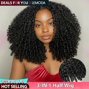 【DEALS FOR YOU]Lemoda Half Wig Human Hair Burmese Curly Wig for Women 200 Density 3 In 1 Seamless Flip Over Half Wigs Beginner Friendly Glueless Wigs Human Hair with Spiral End Natural Color summerwins