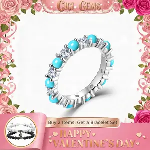 CICI GEMS 3MM Moissanite Eternity Band for Women with Turquoise D VVS1 Stackable Ring 18K White Gold Plated Lab-Created Hypoallergenic Promise Engagement Anniversary Birthday Gift Fine Jewelry