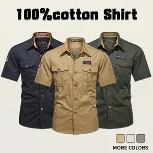 Men’s summer 100% cotton work short-sleeve shirt with multiple pockets, outdoor casual style, suitable for commuting, outdoor adventures, and light workwear outfits.