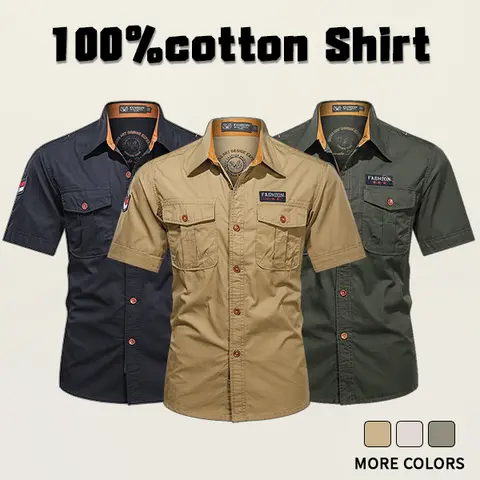 Men’s 100% Cotton Short-Sleeve Button Work Shirt - Slim Fitted, Pocket-Ready Carry, Multiple Pockets, Vintage Retro Badge Fabric Tops, Outdoor Vibe, Suitable for Commuting, Light Workwear