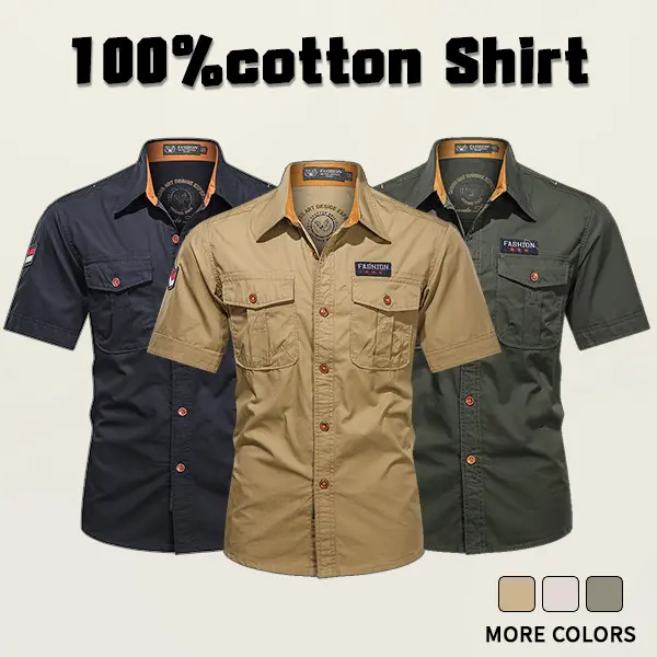 Men’s 100% Cotton Short-Sleeve Button Work Shirt - Slim Fitted, Pocket-Ready Carry, Multiple Pockets, Vintage Retro Badge Fabric Tops, Outdoor Vibe, Suitable for Commuting, Light Workwear