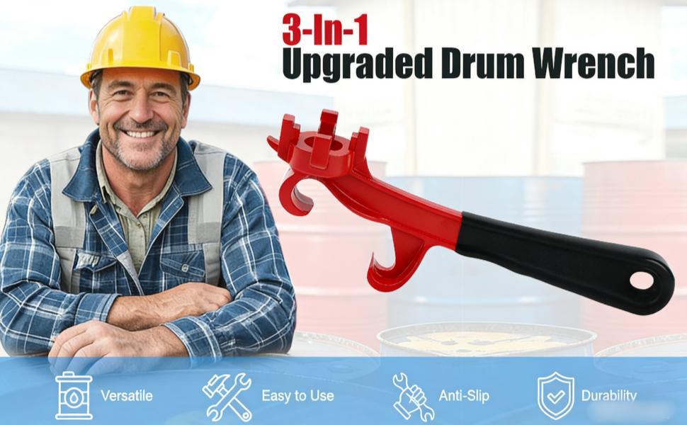 3-in-1 Aluminum Drum Bung Wrench & Bucket Opener Tool, Heavy Duty Lid Remover for 5-55 Gallon Barrels & Paint Pails, Non-Slip Ergonomic Handle for Home & Industrial Use (Black Red)