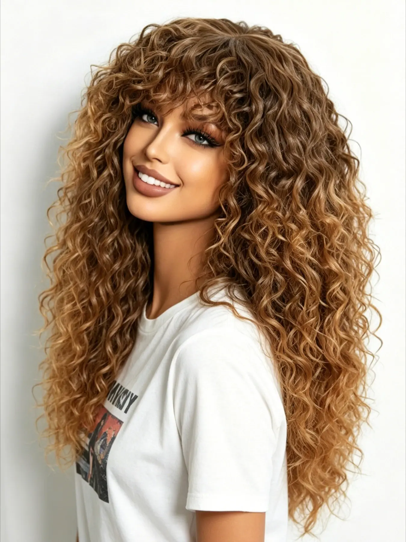 20 Inches High Density Fluffy Shaggy Curly No Glue Wig With Bangs, Burgundy Reddish Brown Dark Root Highlight Glueless Hd Wigs Synthetic Wig, Full Machine Scalp Top Premium Fiber Fashion Women Hair Wigs