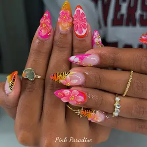 Tropical Hibiscus Press-On Nails – Long Stiletto 3D Flower, Tiger Stripe & Pink Floral Nail Art, Handmade Hawaiian Acrylic Nails, Reusable Salon-Quality Fake Nails, Summer Beach Vacation Gift for Women & Teen Girls, Cute Beautiful Nail Set