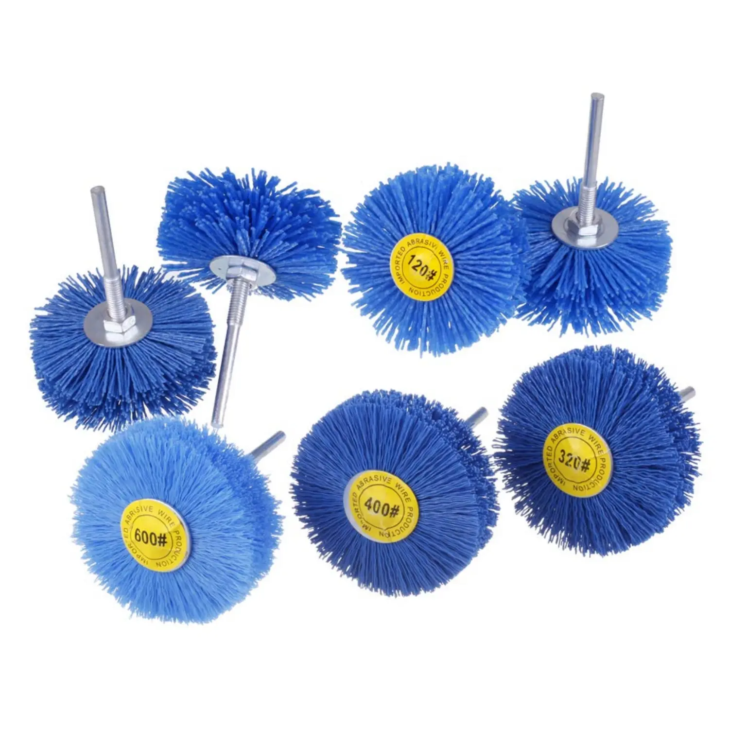7Pcs Abrasive Nylon Wheel Brush with 1/4" Shank for Drill - 80/120/180/240/320/400/600 Grits, Nylon Bristles for Rust Removal - Home Improvement Abrasive Wheels