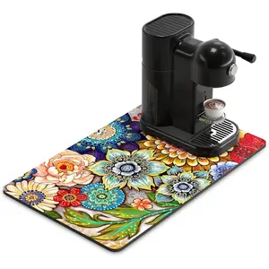 Coffee Mat, 12" x 19" Cute Flower Theme Coffee Bar Mats for Espresso Machine Station Accessories and Organizer, Hide Stain Rubber Backed Absorbent Dish Drying Pad for Kitchen Counter, Mandala