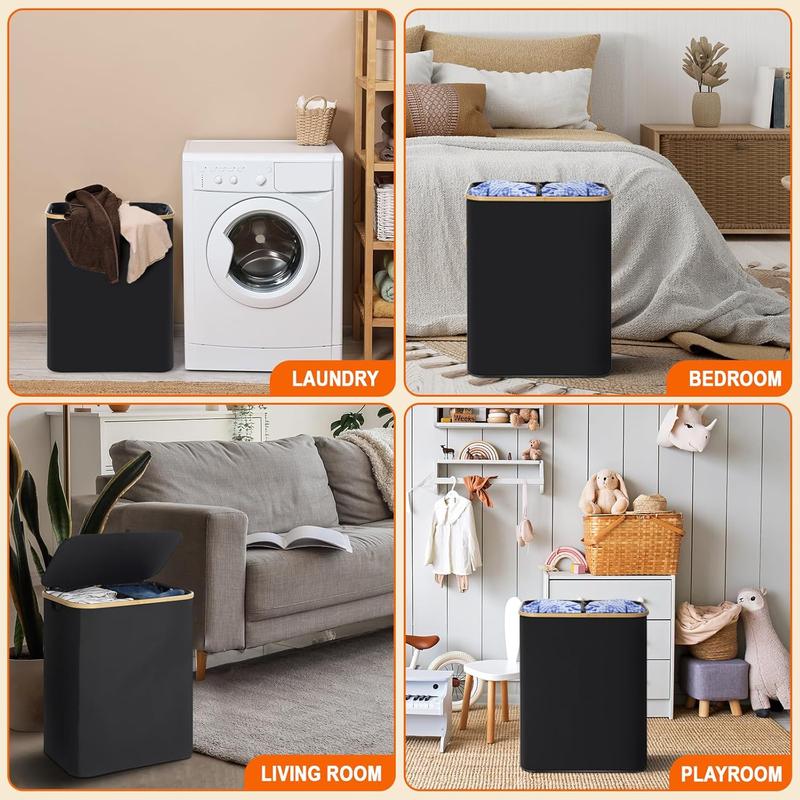 Garprovm Double Laundry Hamper with Lid 150L Large Laundry Basket with Bamboo Handles Foldable Clothes Hampers with 2 Removable Liner Bags for Laundry for Bedroom, Bathroom, Dorm, Laundry Room,Black