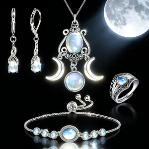 AELNEN S925 Silver Bohemian-Style Moonstone Bracelet/Necklace/Ring/Earrings for Women — Adjustable Chain Design, Suitable for Any Occasion.