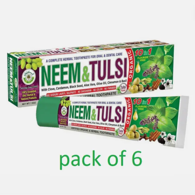 AL-RIYAN Organic Neem & Tulsi Herbal Toothpaste, 6-Pack, Fluoride-Free Vegetarian Base, Beetle Polish Infused Oral Care Product