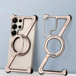 Oatsbasf Metal Frameless Phone Case for Samsung Galaxy S25 S24 Ultra with Stand 360° Rotation Magsafe Bumper Protective Cover
