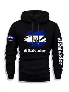 Men's El Salvador Print Zip Hoodie, Fall & Winter Casual Regular Fit Long Sleeve Sweatshirt, Fashion Daily Wear Clothing