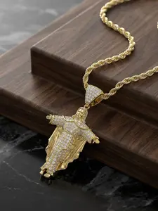 16K Copper Inlaid Zircon New Hip-hop Portrait Cross Pendant Necklace # Jewelry / Stainless Steel Chain / Colorfast / Hypoallergenic / Couple / Festival / Party / Ideal Gift