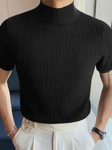 INCERUN Men's Knitted Ribbed Half High Neck Short Sleeve Top, Casual Summer Fashion, Comfortable and Stylish, Perfect for Daily Wear, Knitwear