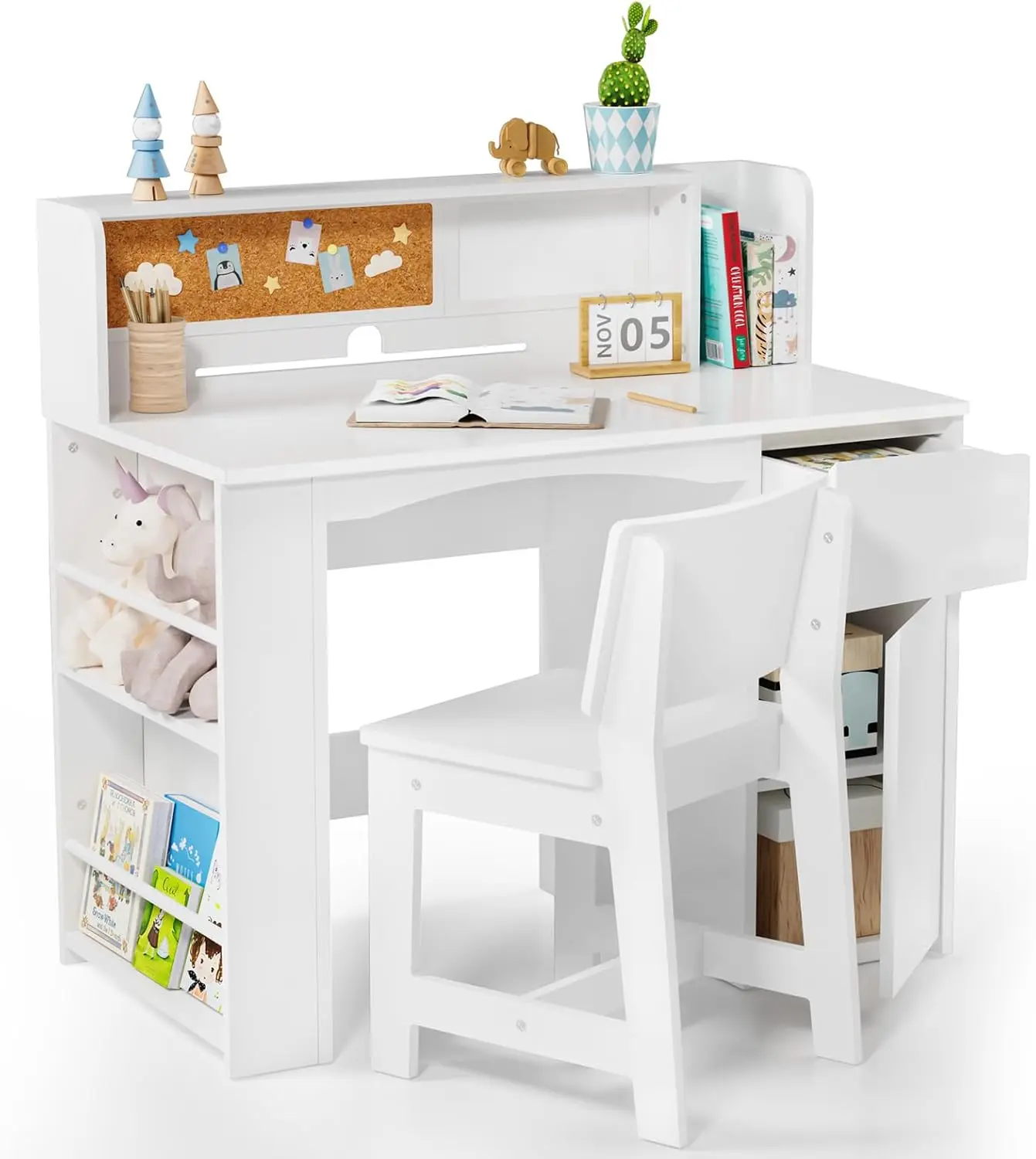 JOYMOR Kids Desk and Chair Set with Bookshelf, Kids Study Desk with Chair with Storage Cabinet, Student Writing Table for Study & Crafts, Student Computer Workstation for 5-12 Years Old, White tiktokshopbacktoschool