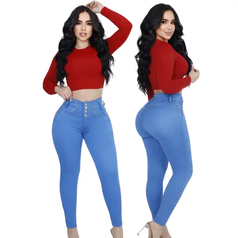 Lady's High-Waisted Skinny Denim Trousers - Colombian Butt-Lifting, Tummy Control Pants, No Back Pockets, 4-Button Statement Piece, All-Season Casual Style Outfits Jeans