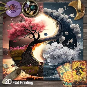 Yin Yang Tree of Life Tarot Card Tablecloth | Abstract Fantasy Spiritual Floral Altar Tablecloths | Nature Inspired Design Gaming Tablecloth | Divination Witchcraft Astrology Oracle Cards Altar Cloths | Crystal Grid Meditation Table Cloth