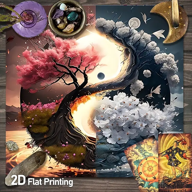 Yin Yang Tree of Life Tarot Card Tablecloth | Abstract Fantasy Spiritual Floral Altar Tablecloths | Nature Inspired Design Gaming Tablecloth | Divination Witchcraft Astrology Oracle Cards Altar Cloths | Crystal Grid Meditation Table Cloth