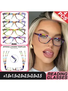 4 Pairs Fashionable Reading Glasses, Small Frame Rectangular Design, Comfortable Spring Temple Fit, Unisex Prescription Eyewear