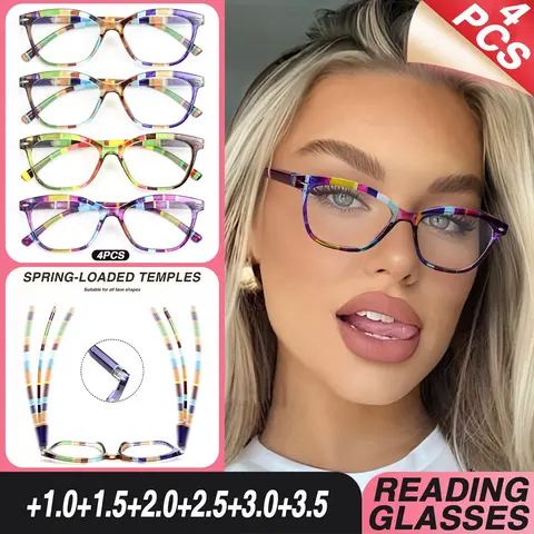 4 Pairs Fashionable Reading Glasses, Rectangular Frame Design, Comfortable Spring-Loaded Temples, Unisex Prescription Eyewear, Trending Eyeglasses