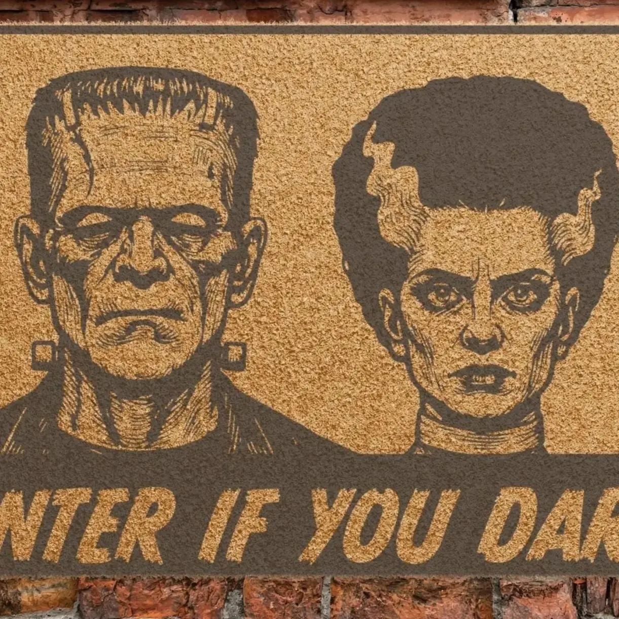 Frankenstein & Bride Coir Doormat: Funny Halloween Front Porch Decor