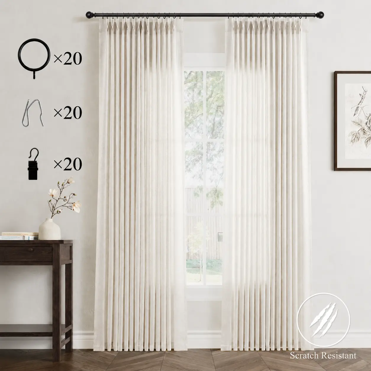 JOWELS Hanging Pinch Pleat Curtains - 2-Panel 40W x 96L Upgraded Linen Fabric Set with Back Tab Hooks Rings, Light Filtering Semi Sheer Boho Neutral for Living Room Bedroom Windows, Hanging Jowels, Aesthetic Home Decor, Tumble Dry on Low