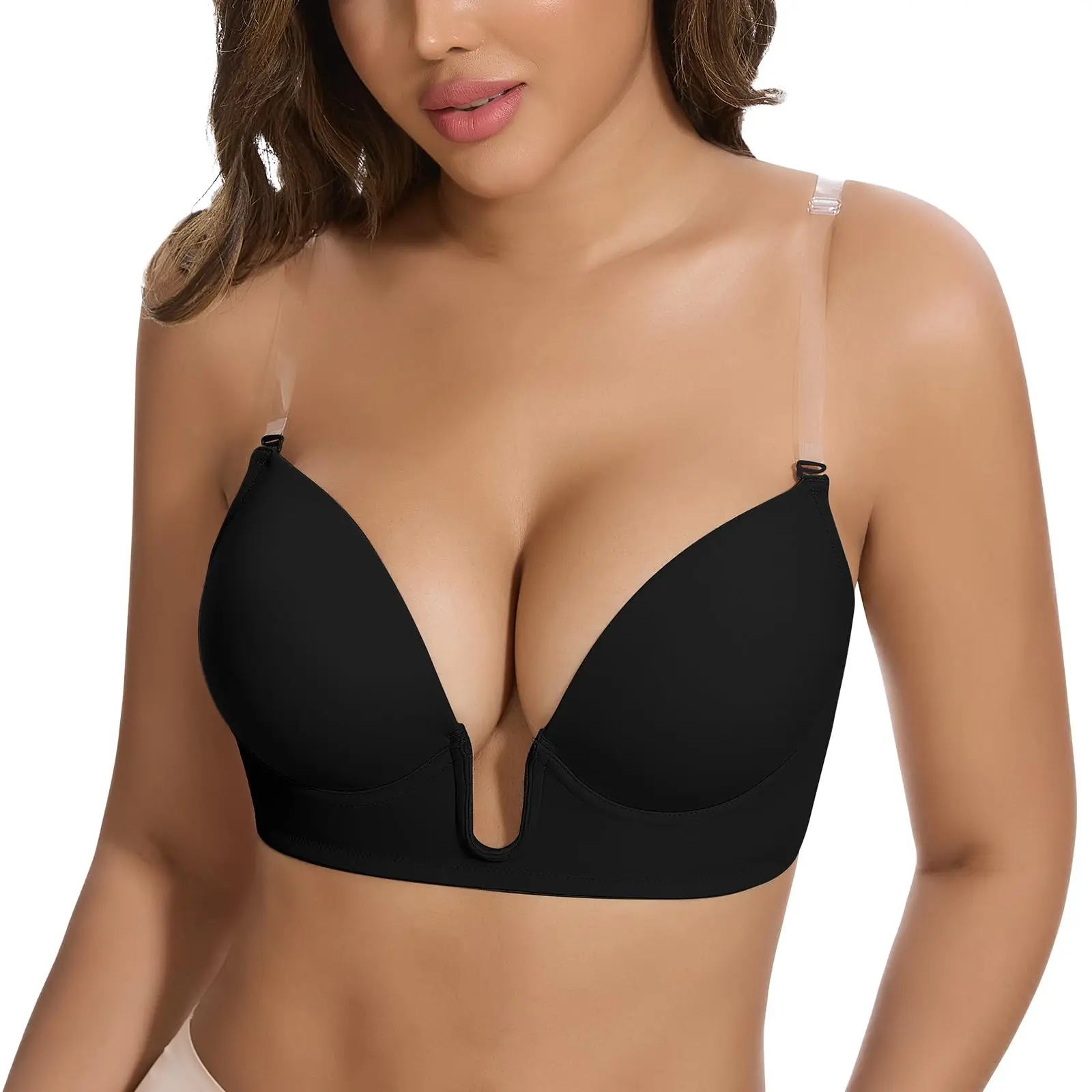 Joyshaper Low Cut Bras for Women Deep Plunge Cleavage Backless Bra Underwire Convertible Push up Halter Bra with Clear Straps Backless Padded Bra Womenswear
