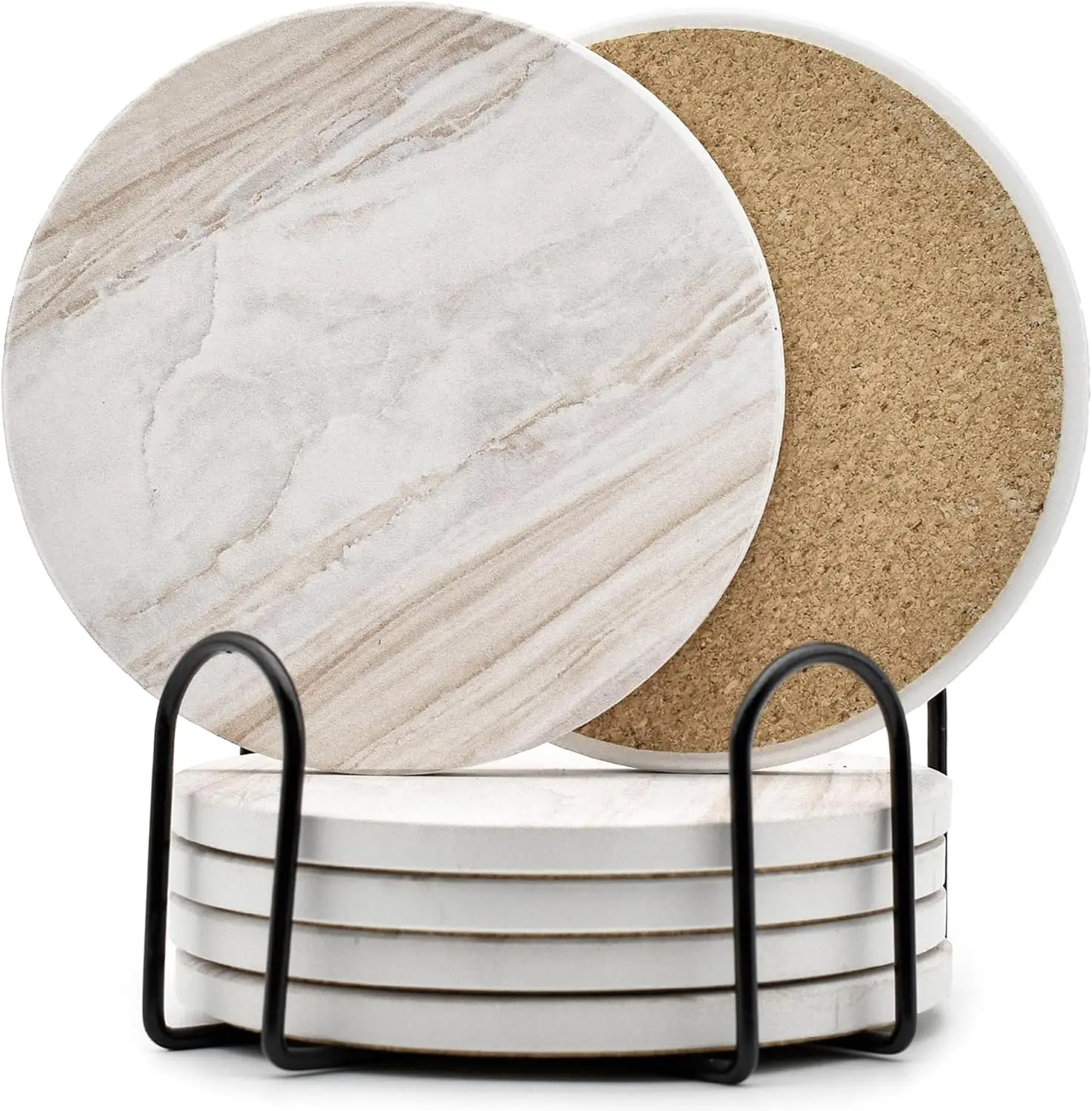 6-Inch Marble-Style Ceramic Absorbent Drink Coasters with Holder, 6-Piece Kitchen Gift Set with Wipes, Modern Coffee Table Cup Accessory Utensils
