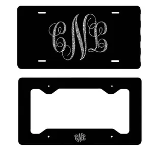 Personalized Glitter Monogram License Plate & Frame Set, Custom Initial Car Tag, Black Aluminum Auto Plate Cover, Elegant Vehicle Accessory Gift, 12x6 Inch
