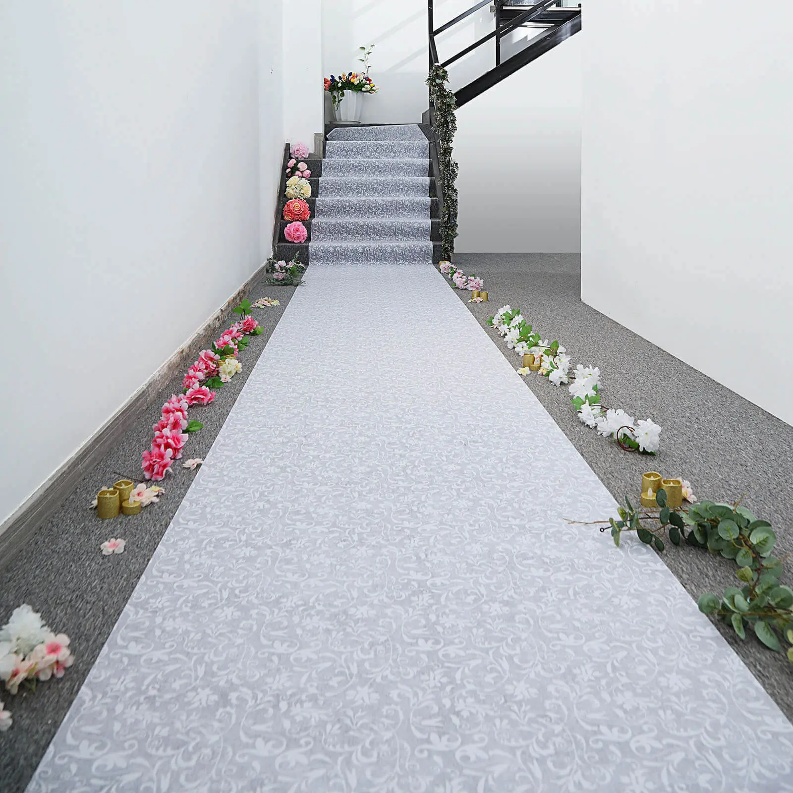 White Floral Pattern Lace Fabric Aisle Runner, 36"x100ft Indoor Home Decor Rug for Wedding Events