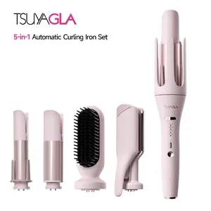 TSUYAGLA 5 in 1 Automatic Curling Iron Set with Interchangeable Barrels - 1", 1.25", 1.5" Curling Wand, Hair Crimper & Straightening Brush, Rotating Ceramic Curler, 3 Temp, Dual Voltage, Anti-Scald, Pink