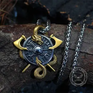 GTHIC Viking Dragon Double Axe Vegvisir Stainless Steel Pendant for Men Women Birthday Gift Charms Animal Jewelry Accessories
