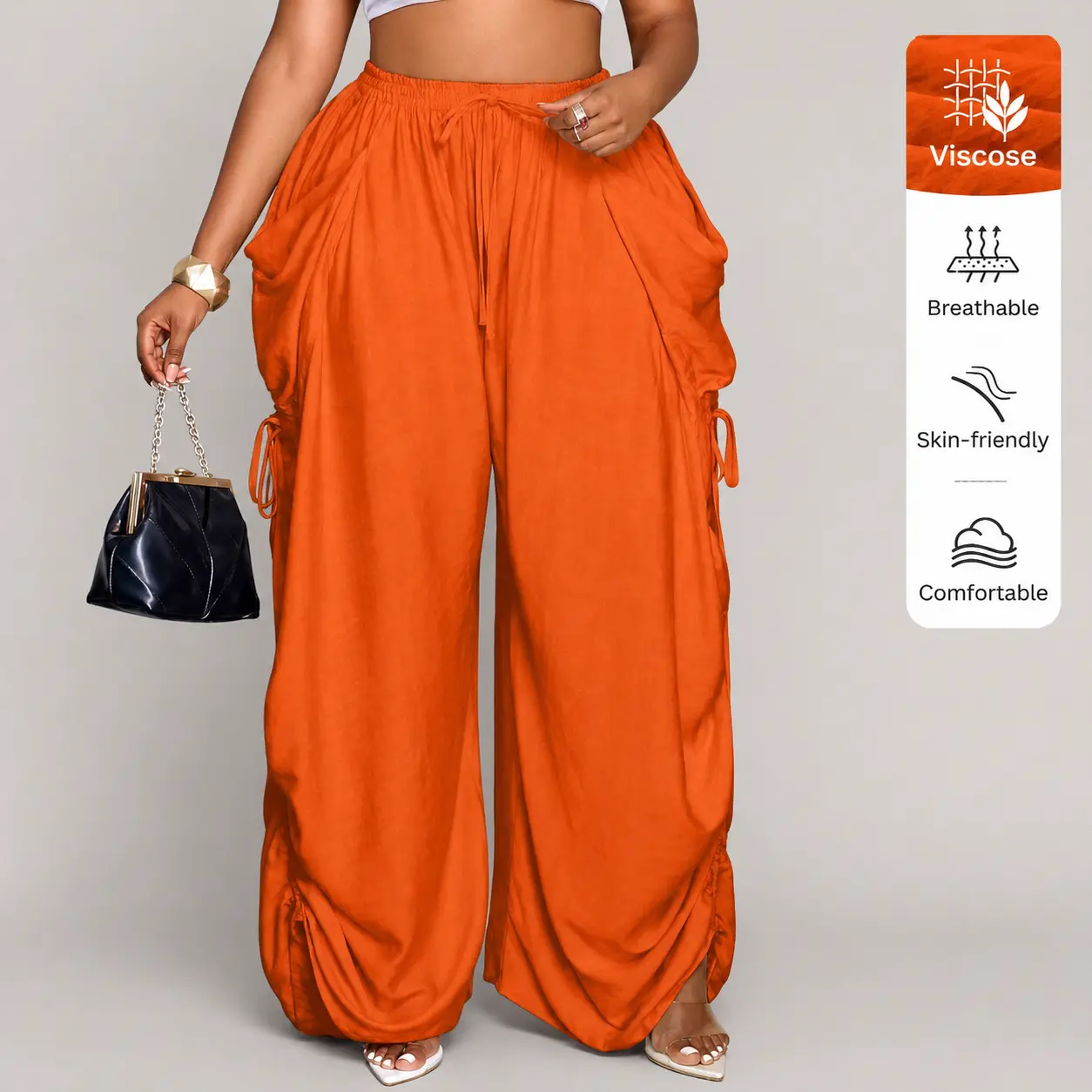 Women's High-Waisted Wide Leg Pants with Adjustable Waist and Hem Drawstrings