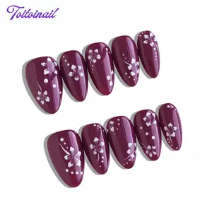 Plum Sakura Handmade Press‑On Nails | Short Almond Shape, 10pcs | Glossy Plum‑Purple Base with Hand‑Painted White Cherry Blossom & Polka Dot Details, Elegant Vintage Aesthetic, Ideal for Dating & Formal Wear, Reusable False Nails