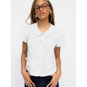 Cider 100% Cotton Peter Pan Collar Bowknot Pocket Button Oversized Blouse