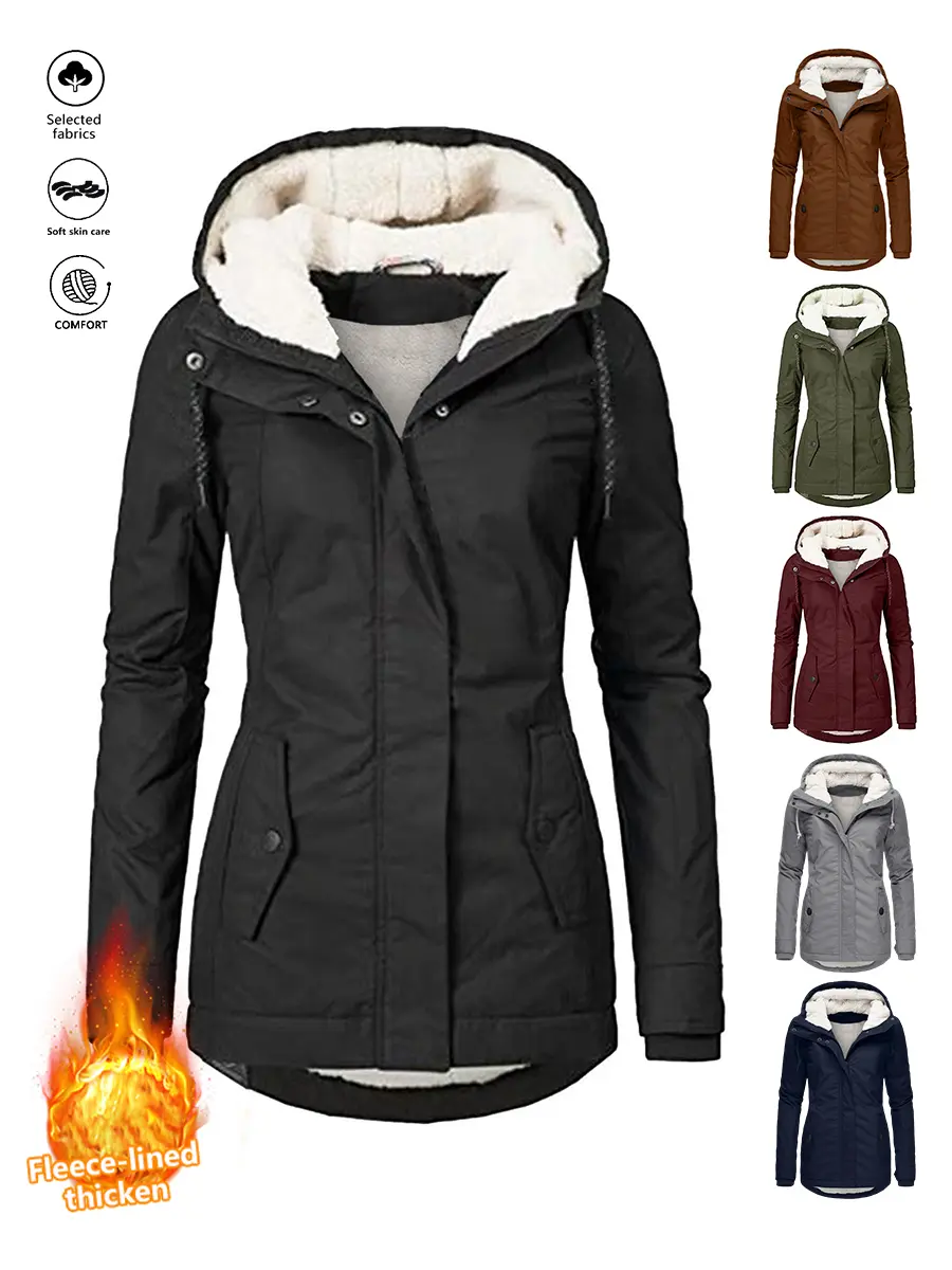 LIFE KEEPS MOVING women’s autumn/winter fleece-lined thick plush hooded jacket/coat, fashionable mature slim-fit warm versatile solid-color outerwear, windproof insulated top, Christmas gift, new arrival for fall